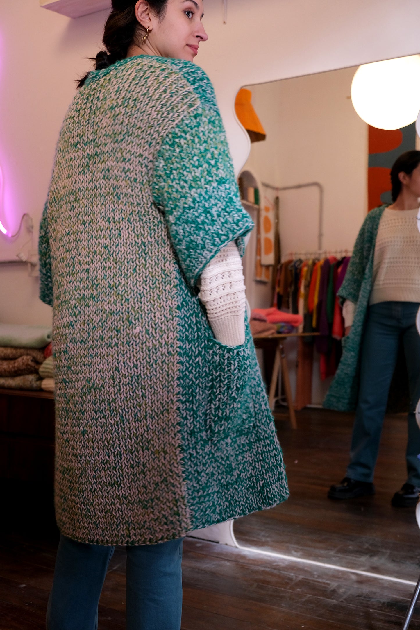 KIMONO knit duster cardigan - emerald green + peach