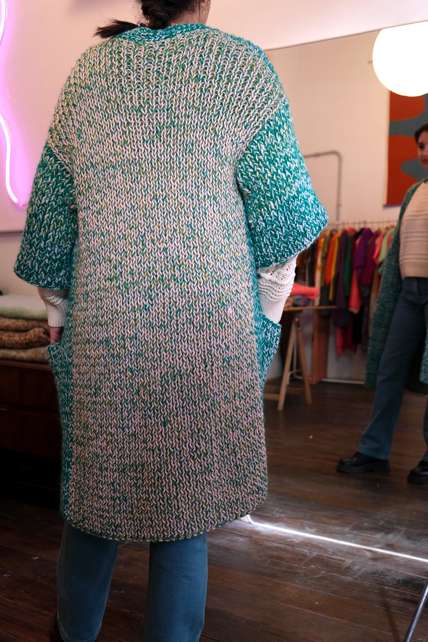 KIMONO knit duster cardigan - emerald green + peach